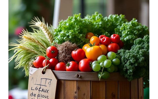 Panier de légumes et céréales biologiques frais, avec une étiquette 'Local'