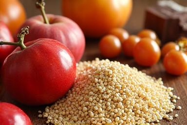 Gros plan sur des ingrédients frais et locaux comme des fruits de saison et de la farine de blé