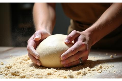 Mains d'un boulanger pétrissant la pâte à pain sur une grande table en bois