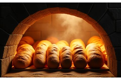 Vue de l'intérieur d'un four traditionnel avec des baguettes dorées en train de cuire