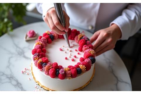 Chef pâtissier décorant délicatement un gâteau avec un glaçage et des fruits frais