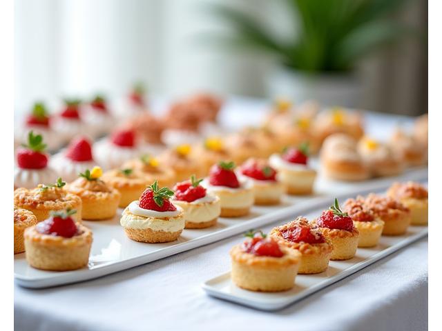 Table de traiteur élégante avec mini-pâtisseries et canapés