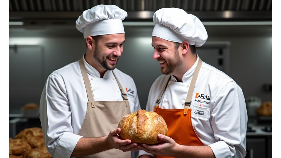 Deux chefs souriants échangeant un pain traditionnel dans une cuisine professionnelle moderne