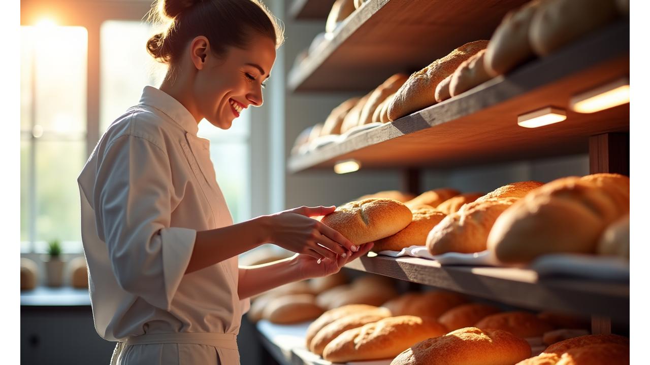 Cuisinier sélectionnant des pains artisanaux dans une boulangerie élégante