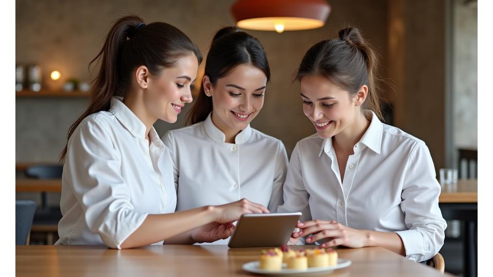 Équipe de boulangers et de conseillers Éclat Pâtisserie discutant de la logistique avec un chef de restaurant, souriants et engagés