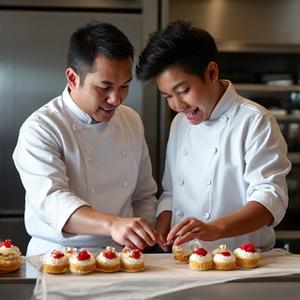 Chef pâtissier français collaborant avec un chef asiatique, échangeant des idées sur des ingrédients rares.