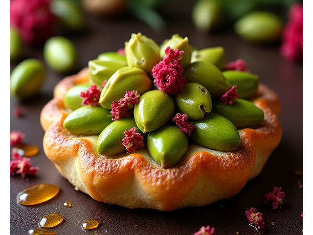 Pâtisserie d'inspiration orientale, avec pistaches, eau de rose et miel, aux couleurs vives.