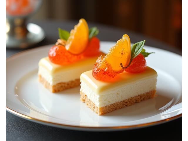 Pâtisserie fusion élégante avec des touches asiatiques et françaises représentant une création éphémère.