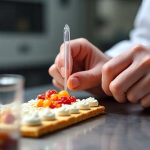 Pâtissier décorant délicatement une pâtisserie complexe avec une pipette, ambiance laboratoire culinaire.