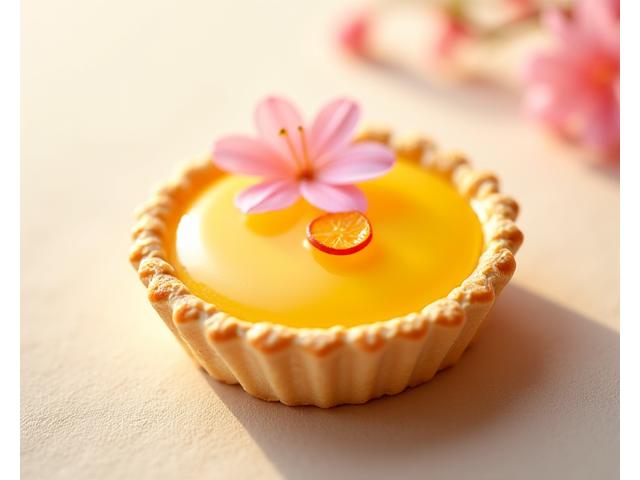 Tartelette au yuzu et meringue aérienne, garnie de fruits rouges frais.