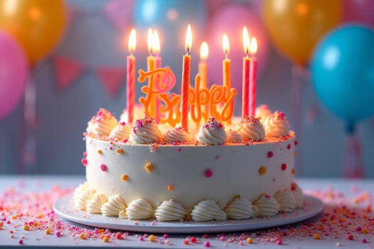 Gâteau d'anniversaire coloré avec bougies et confettis