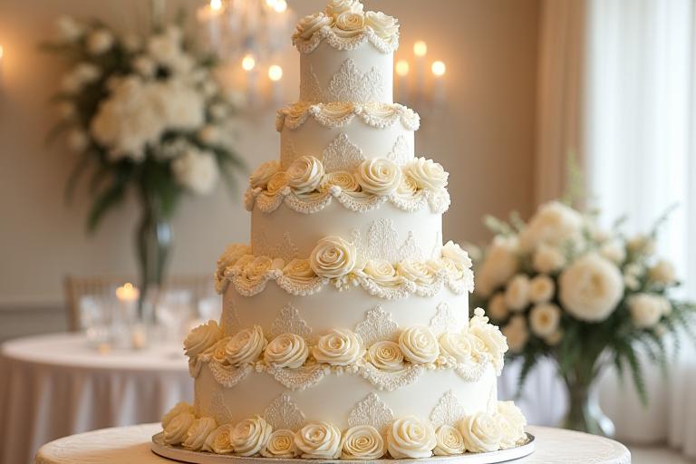Gâteau de mariage à plusieurs étages avec décorations florales blanches