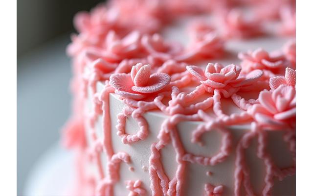 Détail de fleurs en sucre complexes et délicates sur un gâteau
