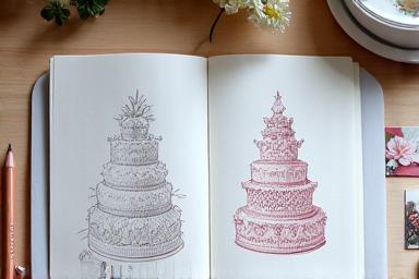 Croquis détaillé d'un gâteau de mariage sur-mesure