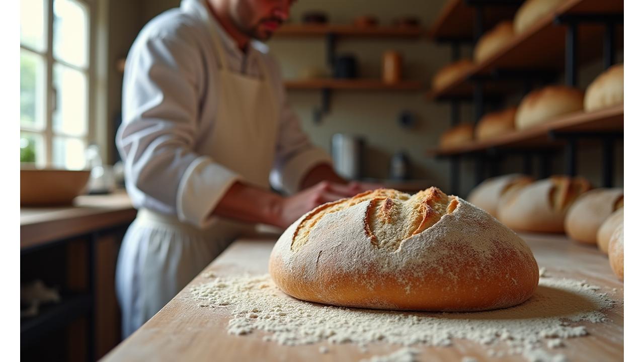 Vue intérieure d'une boulangerie artisanale avec un boulanger enfournant du pain