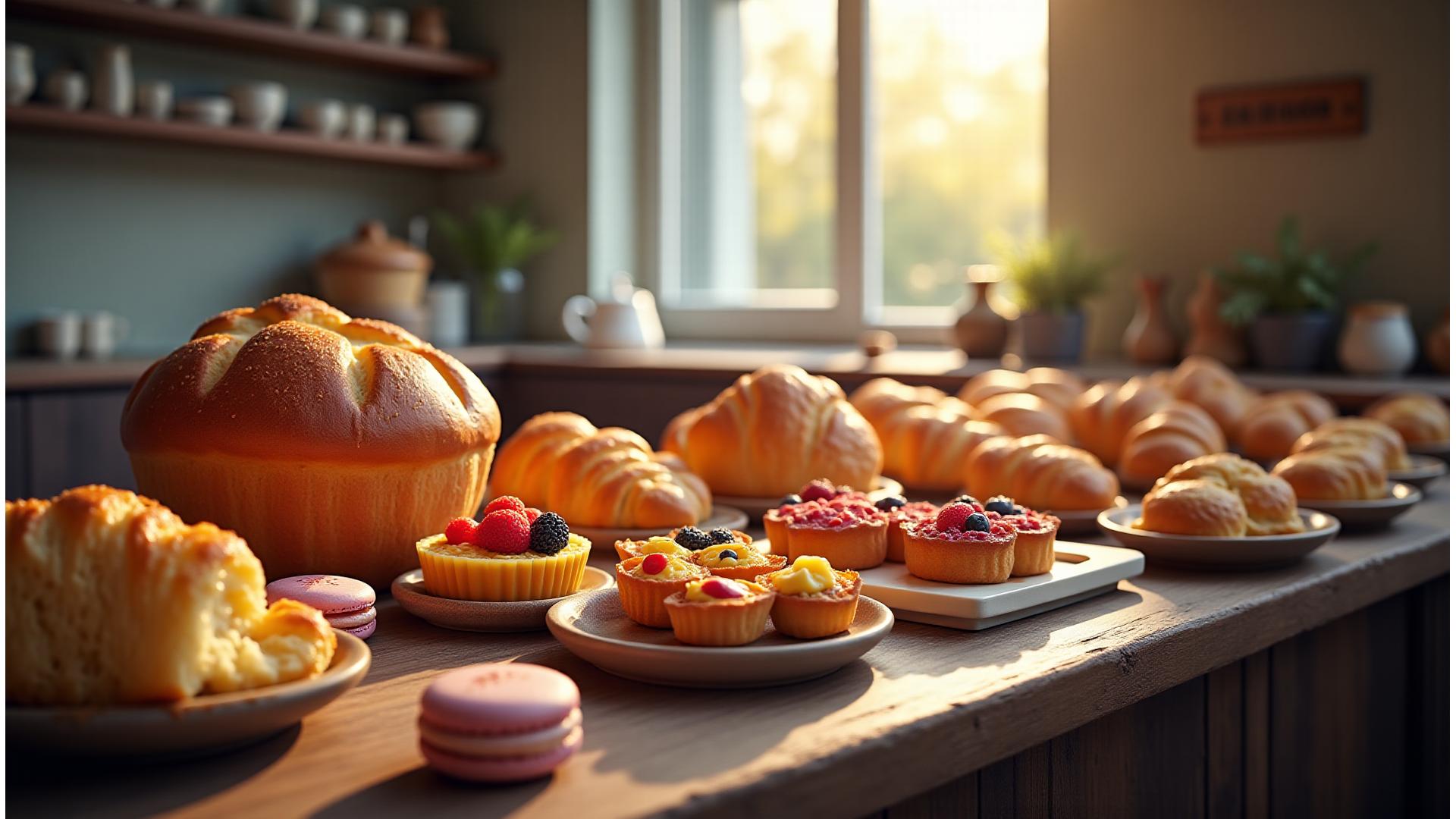 Assortiment de pâtisseries gourmandes et pains artisanaux sur une table en bois, lumière douce