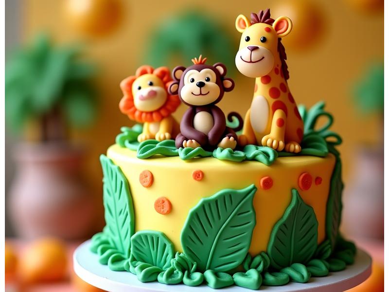 Gâteau d'anniversaire pour enfant à thème jungle, avec animaux en pâte à sucre