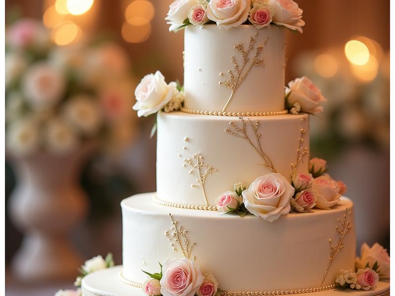 Magnifique wedding cake blanc à plusieurs étages, décoré de roses pastel.