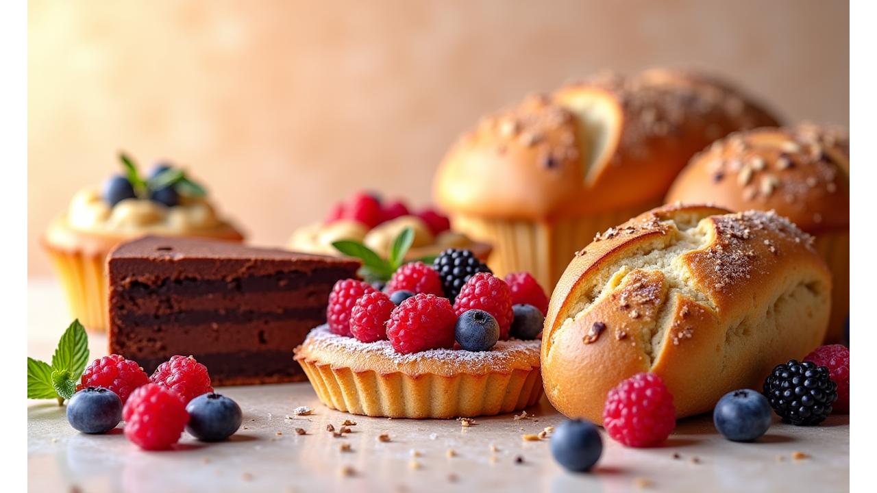 Assortiment coloré de pâtisseries sans gluten et véganes présentées artistiquement