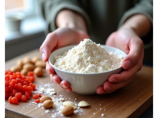 Mains tenant des ingrédients frais et biologiques: farine de coco, baies de goji, amandes