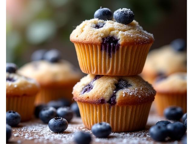Muffins aux bleuets sans sucre raffiné, saupoudrés d'un peu de sucre glace