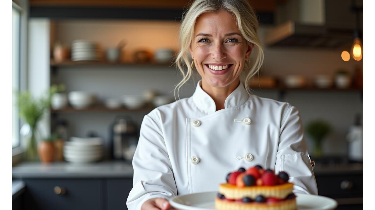 Chef pâtissier souriant présentant une pâtisserie bien-être élégante sur un plat de service