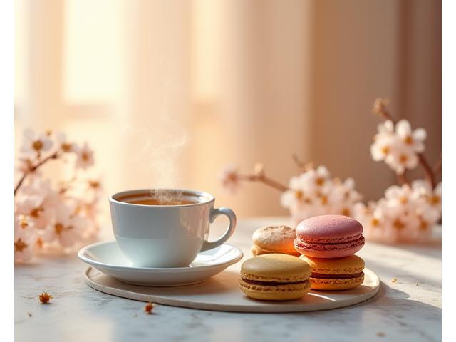 Tasse de café fumante et divers petits gâteaux et macarons délicatement posés sur une table en bois clair.