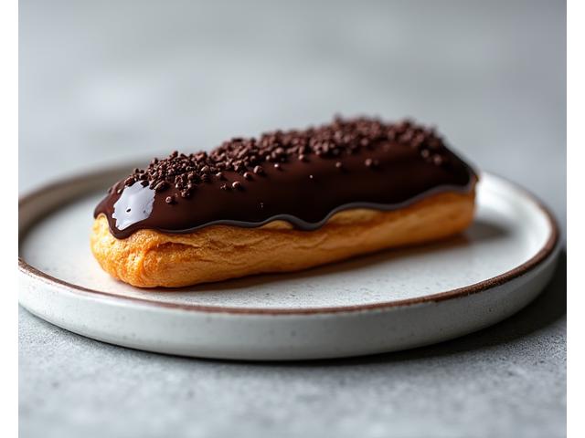 Éclair au chocolat Valrhona, nappé et décoré de fins copeaux de chocolat.