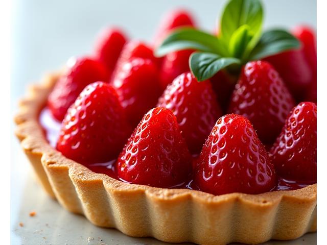 Tartelette à la fraise fraîche, brillante, avec gelée de menthe.