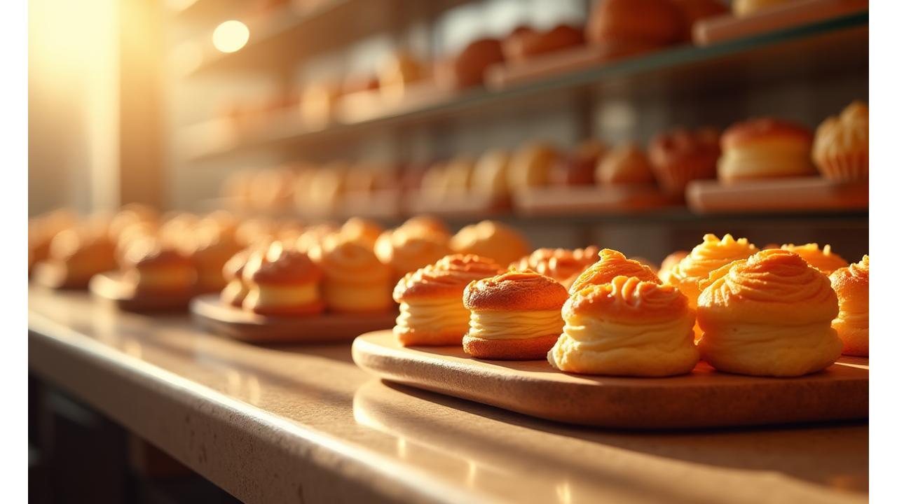 Assortiment artistique de pâtisseries Éclat Pâtisserie, avec éclairs, macarons et millefeuilles magnifiquement dressés.