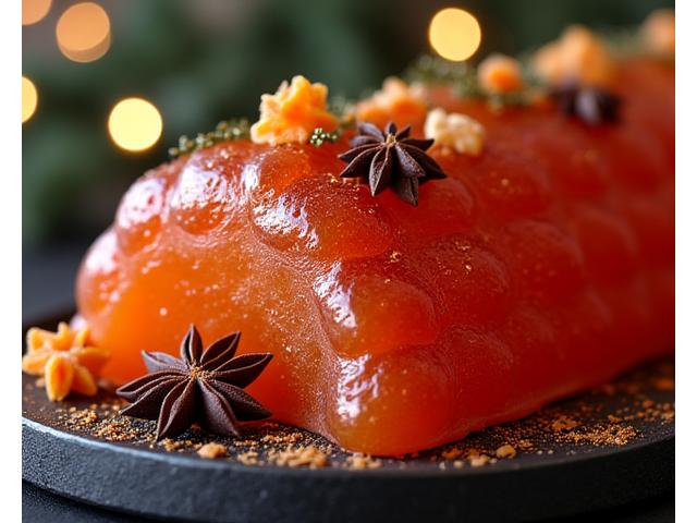 Bûche de Noël moderne parfumée, décorée d'éléments hivernaux.