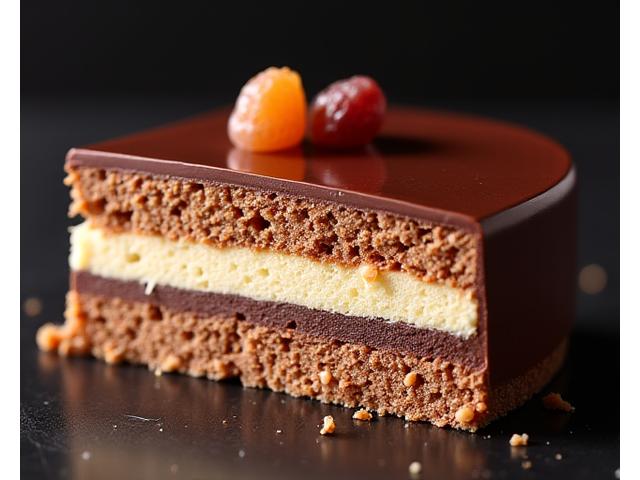 Montage Lyonnais, gâteau signature avec couches de mousse chocolat, croustillant praliné et insert fruit rouge.