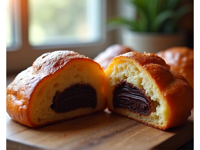 Pain au chocolat croustillant et moelleux, avec des barres de chocolat fondu visibles.