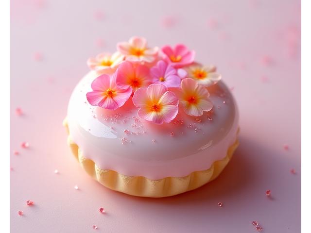 Réveil Floral, pâtisserie délicate avec glaçage miroir et décoration florale comestible.
