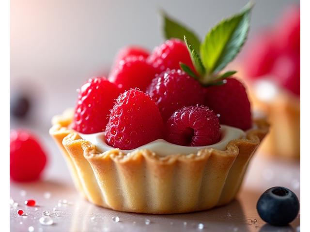 Tartelette aux fruits de saison, garnie de fruits rouges frais et crème pâtissière.